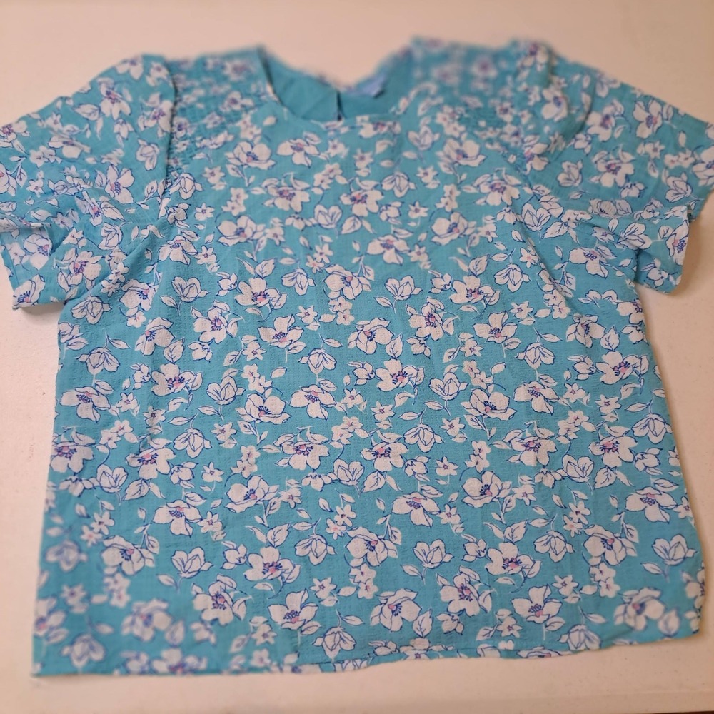 Draper James Floral Blouse Womens XL Blue Smocked Shoulder Short Sleeve 1487-210